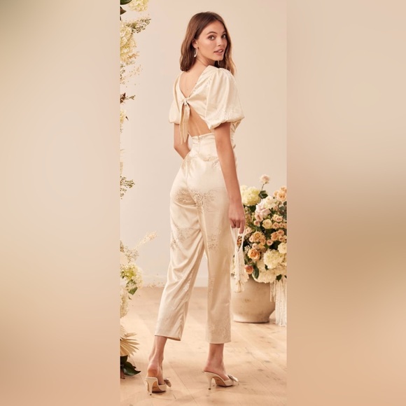 Lulus Time After Time Champagne Floral Jacquard Puff Sleeve Jumpsuit - Picture 5 of 5